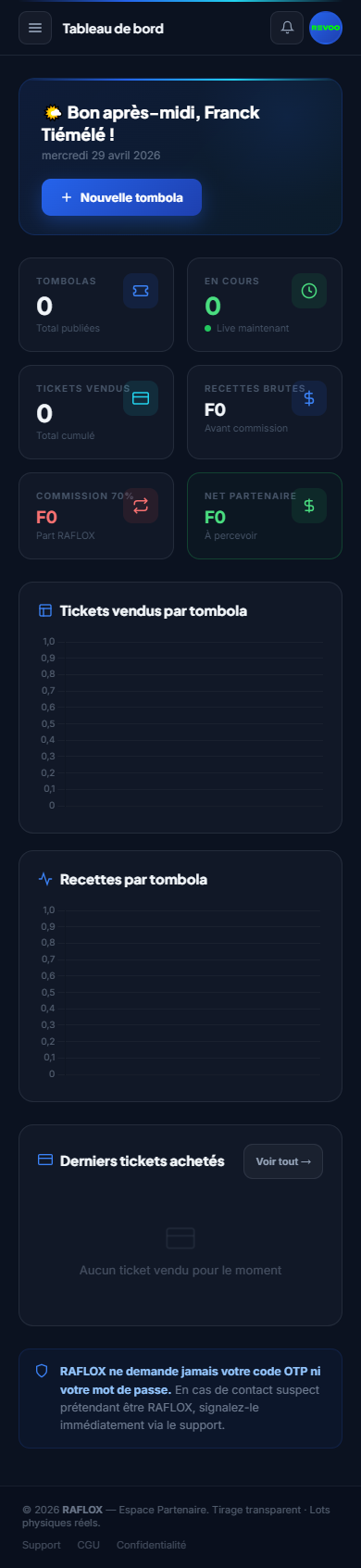 Capture mobile dashboard partenaire RAFLOX